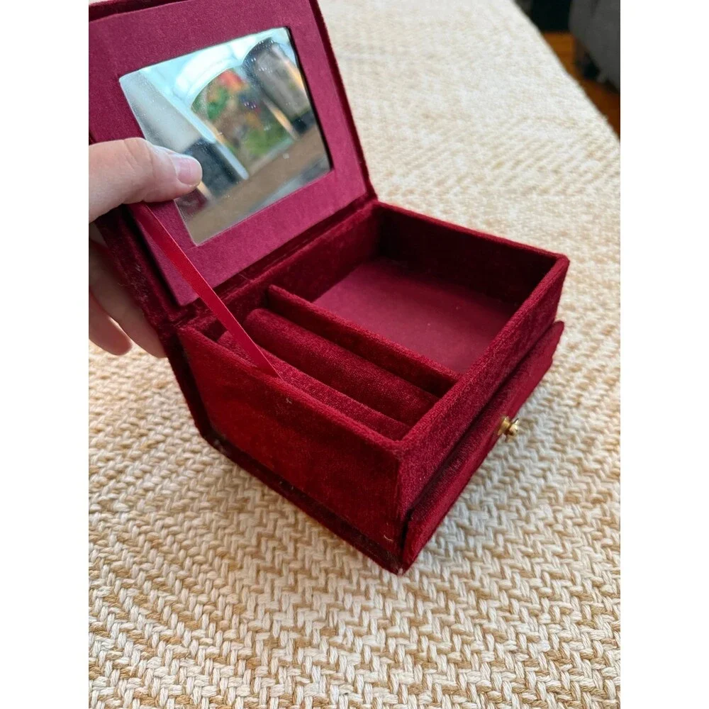 Vintage Red Velvet Jewelry Box with Mirror & Drawer